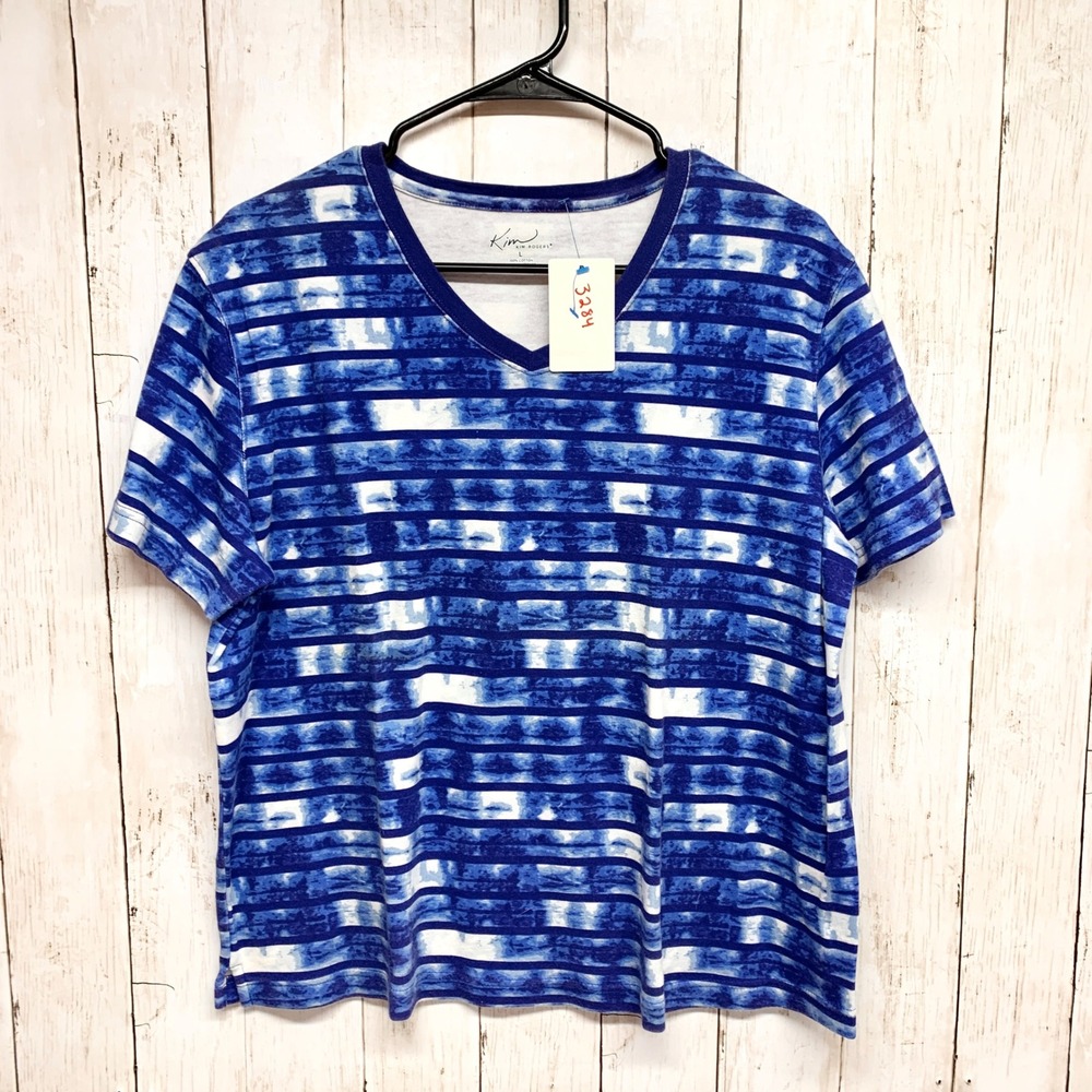 Kim Rogers Striped V-Neck T-Shirt Womens Size L Blue White Cotton Short Sleeve